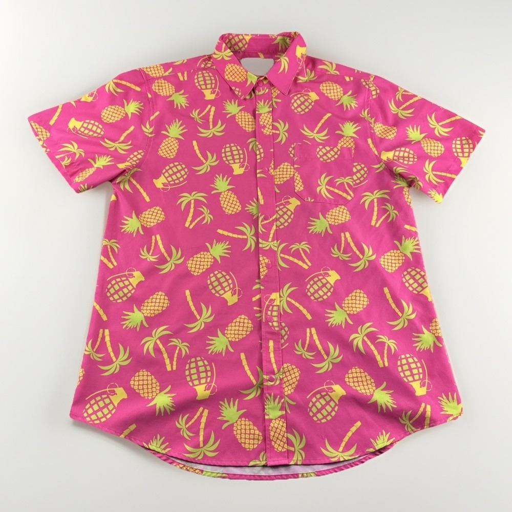 Savage Tacticians Hawaiian Shirt Mens L Pink Pineapple Grenade Snap Palm READ